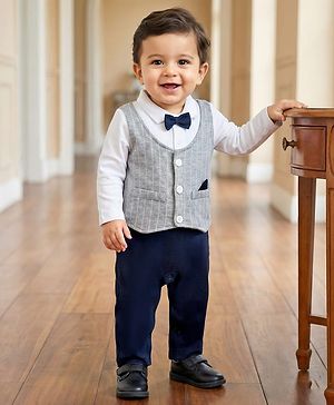 Babyhug 100% Cotton Full Sleeves Romper With Attached Waistcoat & Bow Applique - Navy Blue