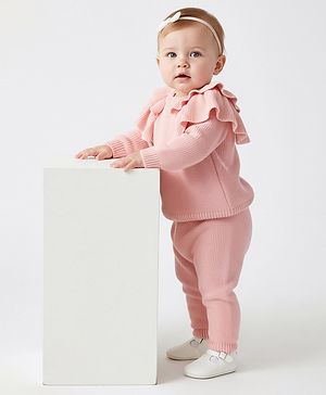 Bonfino 100% Cotton Knit Full Sleeves Solid Color Sweater & Jogger Set with Frill Detailing - Light Pink