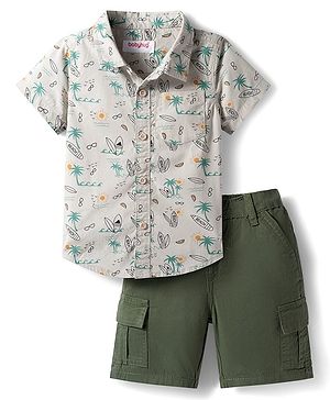 Babyhug Cotton Woven Half Sleeves Shirt & Shorts Set with Floral Print - White & Olive Green
