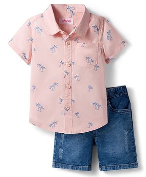 Babyhug Cotton Woven Half Sleeves Shirt & Shorts Set with Floral Print - Peach & Navy Blue