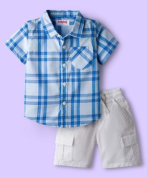 Babyhug Cotton Woven Half Sleeves Checks Shirt & Shorts Set - Blue & White