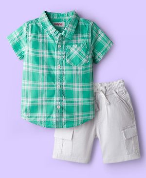Babyhug Cotton Woven Half Sleeves Checks Shirt & Shorts Set - Green & White