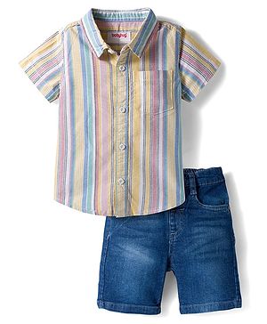 Babyhug Cotton Denim Half  Sleeves Shirt & Shorts Set With Stripes - Multicolour & Blue