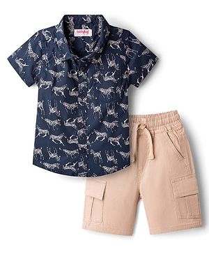 Babyhug Cotton Woven Half Sleeves Zebra Printed Shirt & Shorts Set - Navy Blue