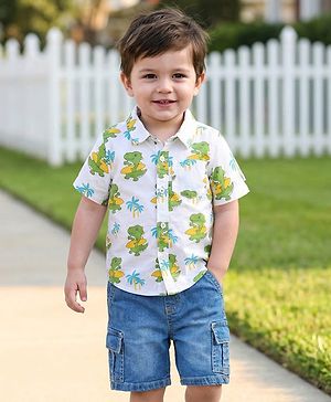 Babyhug Cotton Woven Half Sleeves Shirt & Denim Shorts Set With Dino Print - White & Blue