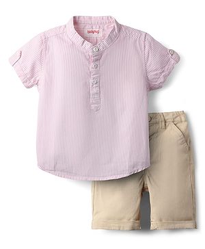 Babyhug Cotton Woven Half Sleeves Striped Kurta Shirt & Shorts Set - Pink & Beige