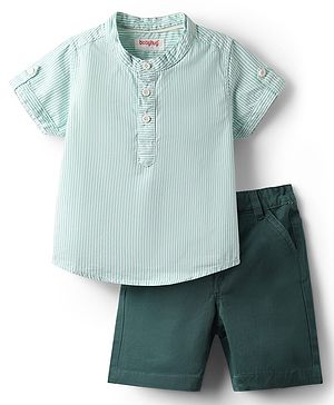 Babyhug Cotton Woven Half Sleeves Mandarin Collar Striped Shirt & Shorts Set - Green