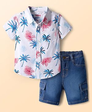 Babyhug Cotton Woven Half Sleeves Front-Open Shirt & Shorts Set with Floral Print - White & Blue