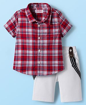 Babyhug Cotton Knit Half Sleeves Shirt and Shorts Sets with Suspender and  Checks - Red & White