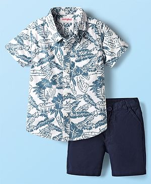 Babyhug Cotton Woven Half Sleeves Leaves Printed Shirt & Shorts Set - Navy  Blue & White