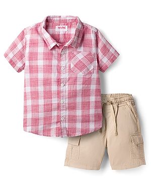 Babyhug Cotton Woven Half Sleeves Shirt & Shorts Set With Checks - Pink