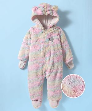 Babyhug Fur Knit Full Sleeves Front Open Footed Winter Wear Romper with Attached Gloves & Hoodie - Multicolor