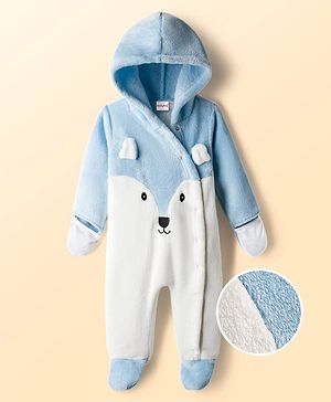 Babyhug Fur Knit Full Sleeves Hooded Front OpenWinter Wear Romper with Attached Mitten & Footed with Teddy Bear Print & Applique - White & Light Blue