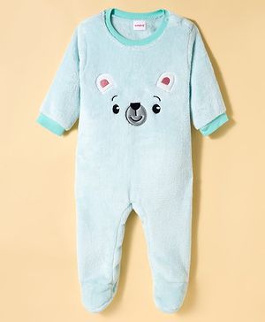 Babyhug Fur Knit Full Sleeves Winter Wear Footed Romper With Animal Embroidery - Light Blue