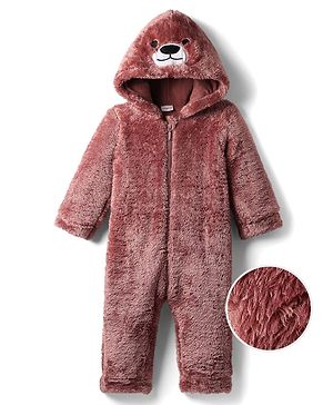 Babyhug Fur Knit Full Sleeves Front Open Winter Wear Romper with Teddy Face - Dark Pink