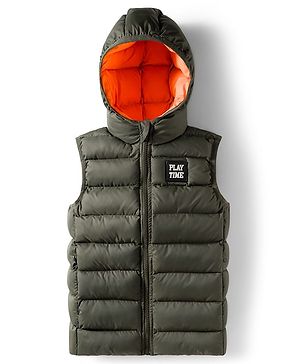 Babyhug Woven Sleeveless Hooded Padded Jacket With Play Time Patch - Olive Green