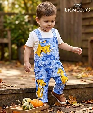 Babyhug Disney Single Jersey Knit Half Sleeve Tee & Dungaree Set with Lion King Graphics - White & Light Blue