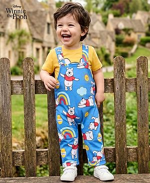 Babyhug Disney Single Jersey Knit Half Sleeve Tee & Dungaree Set with Winnie the Pooh Print - Yellow & Light Blue