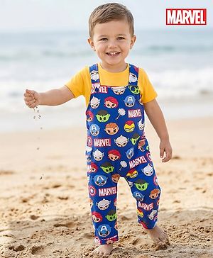 Babyhug Marvel Single Jersey Knit Half Sleeve Tee & Dungaree Set with Avengers Print - Yellow & Blue
