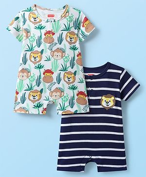 Babyhug 100% Cotton Knit Half Sleeves Rompers With Stripes & Animal Print Pack of 2 - Navy Blue & White