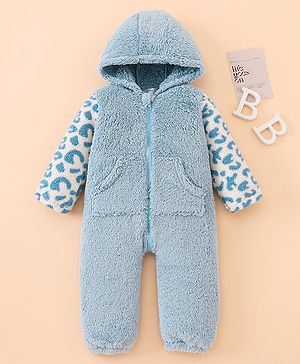 Mark & Mia Full Sleeves Front Open Hooded Winter Wear Romper with Cheetah Design & Kangaroo Pockets - Light Blue