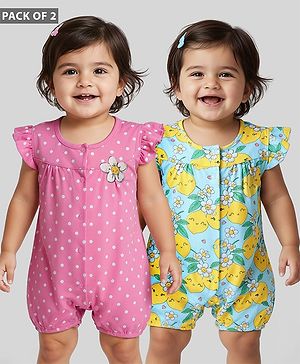 Babyhug 100% Cotton Frill Sleeves Tropical Theme & Polka Dots Printed Romper Pack Of 2 - Pink & Turquoise