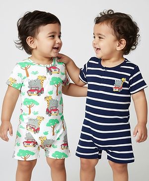 Babyhug 100% Cotton Knit Half Sleeves Rompers With Stripes & Safari Print Pack of 2 - Navy Blue & White