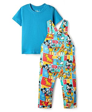 Babyhug Disney Single Jersey Knit Dungaree & Half Sleeves T-Shirt With Mickey Mouse Family Print - Blue