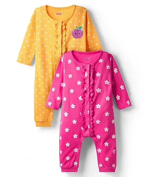 Babyhug 100% Cotton Knit Full Sleeves
                              Rompers with Polka Dots & Floral Print
                              Pack of 2 - Yellow & Dark Pink