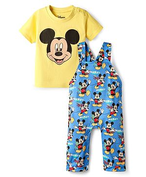 Babyhug Disney Single Jersey Knit Dungaree & Half Sleeves T-Shirt With Mickey Mouse Print - Blue & Yellow