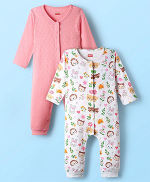 Babyhug 100% Cotton Full Sleeves Animal Printed Front Open Rompers Pack Of 2 - Multi Colour