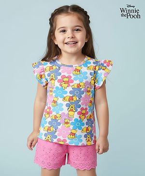 Babyhug Disney Single Jersey Knit Frill Sleeves Top and Shorts with Winnie the Pooh & Floral Print - Pink & Light Blue