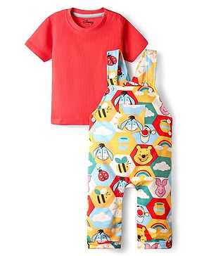 Babyhug Disney Single Jersey Knit Dungaree & Half Sleeves T-Shirt With Winnie The Pooh Print - Multicolor