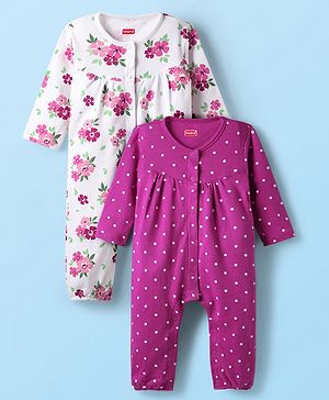 Babyhug 100% Cotton Knit Full Sleeves Rompers with Polka Dots & Floral Print Pack of 2 - Purple & White