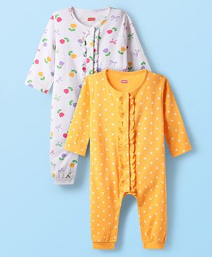 Babyhug 100% Cotton Knit Full Sleeves Rompers with Polka Dots & Floral Print Pack of 2 - Yellow & White