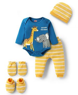 Babyhug 100% Cotton Full Sleeves Animal Printed Onesies With Striped Leggings Cap Mittens & Booties Set -
