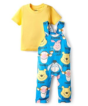 Babyhug Disney Single Jersey Knit Dungaree & Half Sleeves T-Shirt With Winnie The Pooh Print - Blue & Yellow