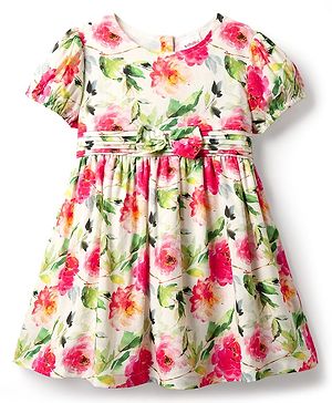 Babyhug Cotton Woven Half Sleeves Frock With Floral Print & Bow Applique - Pink