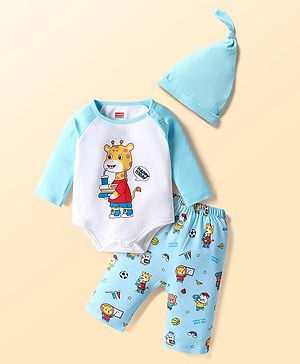 Babyhug 100% Cotton Knit Full Raglan Sleeves Onesies with Leggings & Cap With Teddy Print - Light Blue & White