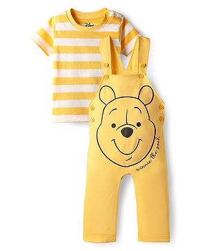 Babyhug Disney Cotton Knit Half Sleeves Striped Tee & Dungaree With Winnie The Pooh Graphics - Yellow