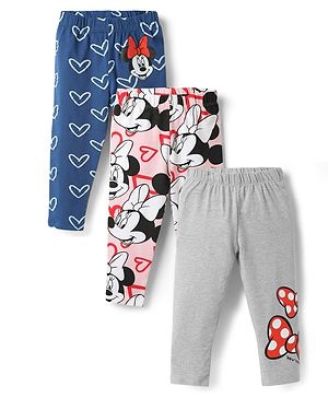 Babyhug Disney Cotton Lycra Knit Full Length Leggings With Minnie Mouse Graphics Pack Of 3 - Navy Blue Pink & Grey