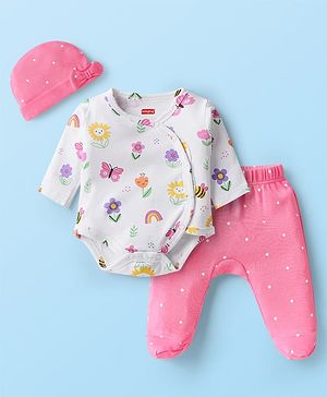 Babyhug 100% Cotton Knit Full Sleeves Onesies with Bootie Leggings & Cap With Floral & Butterfly Print - Pink
