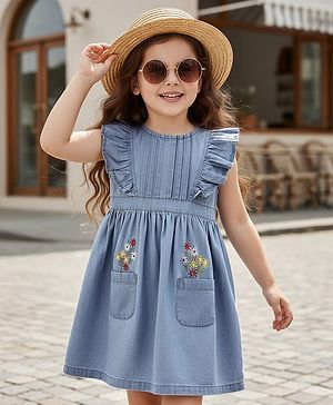 Babyhug Cotton Woven Frill Sleeves Frock With Pocket & Floral Embroidery - Blue