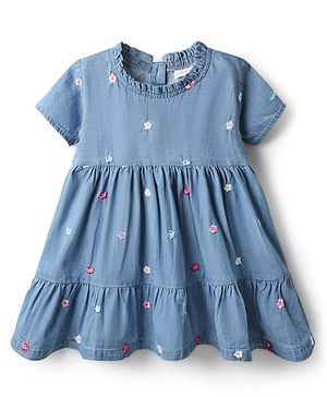 Babyhug 100% Cotton Half Sleeves Floral Embroidered Tiered Frock With Frill Detailing - Blue