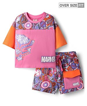 Pine Kids Marvel 100% Cotton Oversized Drop Shoulder Half Sleeve Crop T-Shirt & Shorts With Avengers Graphics - Multicolor