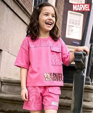 Pine Kids Marvel Single Jersey Knit Half Drop Shoulder Sleeves Oversized Crop T-Shirt & Shorts Set with Avengers Graphics & Reversible Sequin - Pink