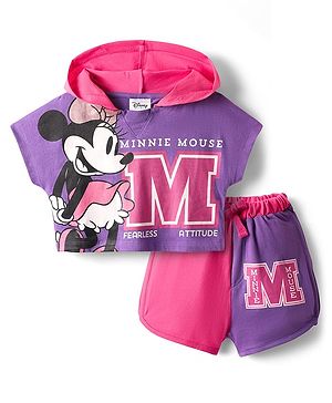 Pine Kids Disney 100% Cotton Oversize Drop Shoulder Half Sleeve Hooded T-Shirt & Shorts With Mickey Mouse Graphics - Multicolor