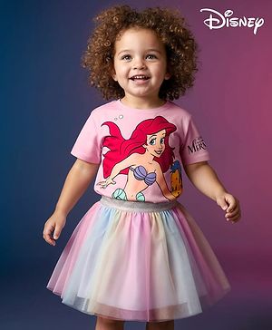 Babyhug Disney Single Jersey Knit Half Drop Shoulder Sleeves Top & Skirt Set With Disney Princess Graphics - Pink