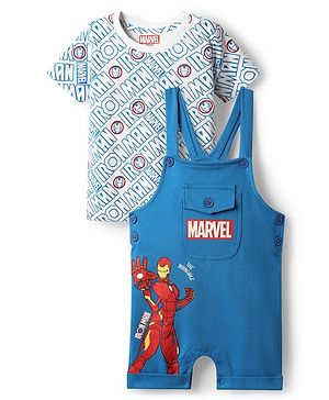 Babyhug Marvel Single Jersey Knit Dungaree with Half Sleeves Inner Tee Iron Man Graphics - Blue