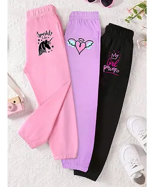Trampoline Cotton Blend Knit Pack Of
                              3 Heart & Unicorn Printed Track Pants
                              - Purple Black & Pink